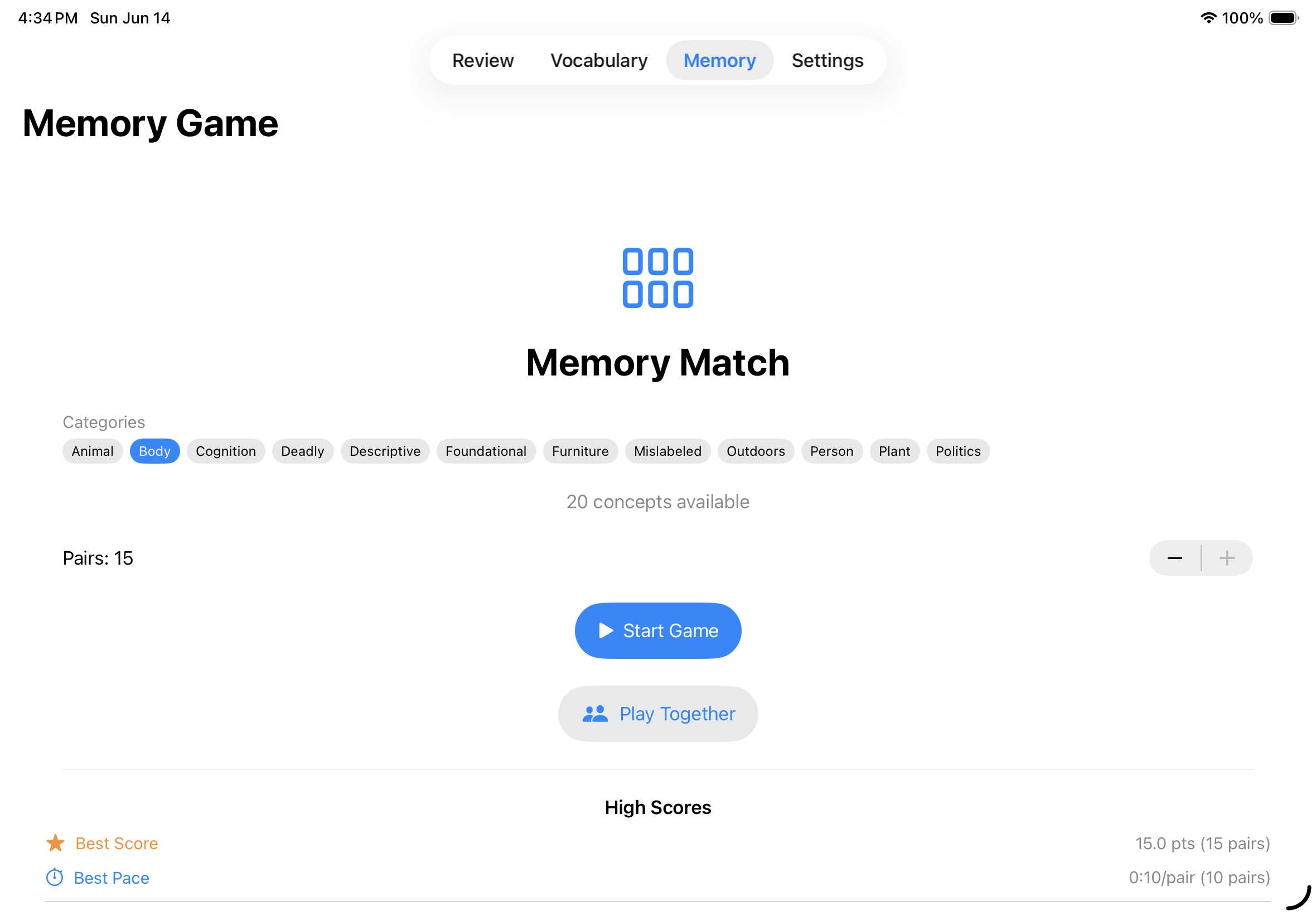 Memory game setup screen on iPad