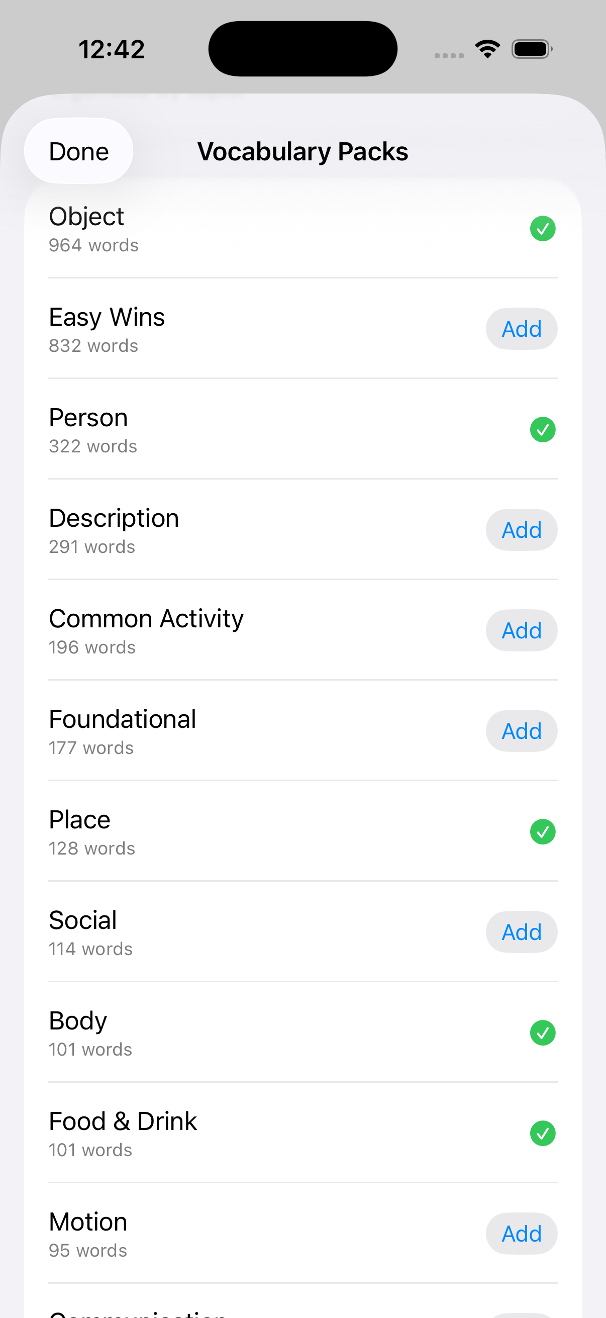 Vocabulary pack picker